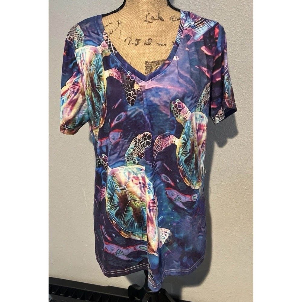 Womens XL Sea Turtle Ocean Graphic V Neck Shirt Blue Purple Tropical Beach Tee